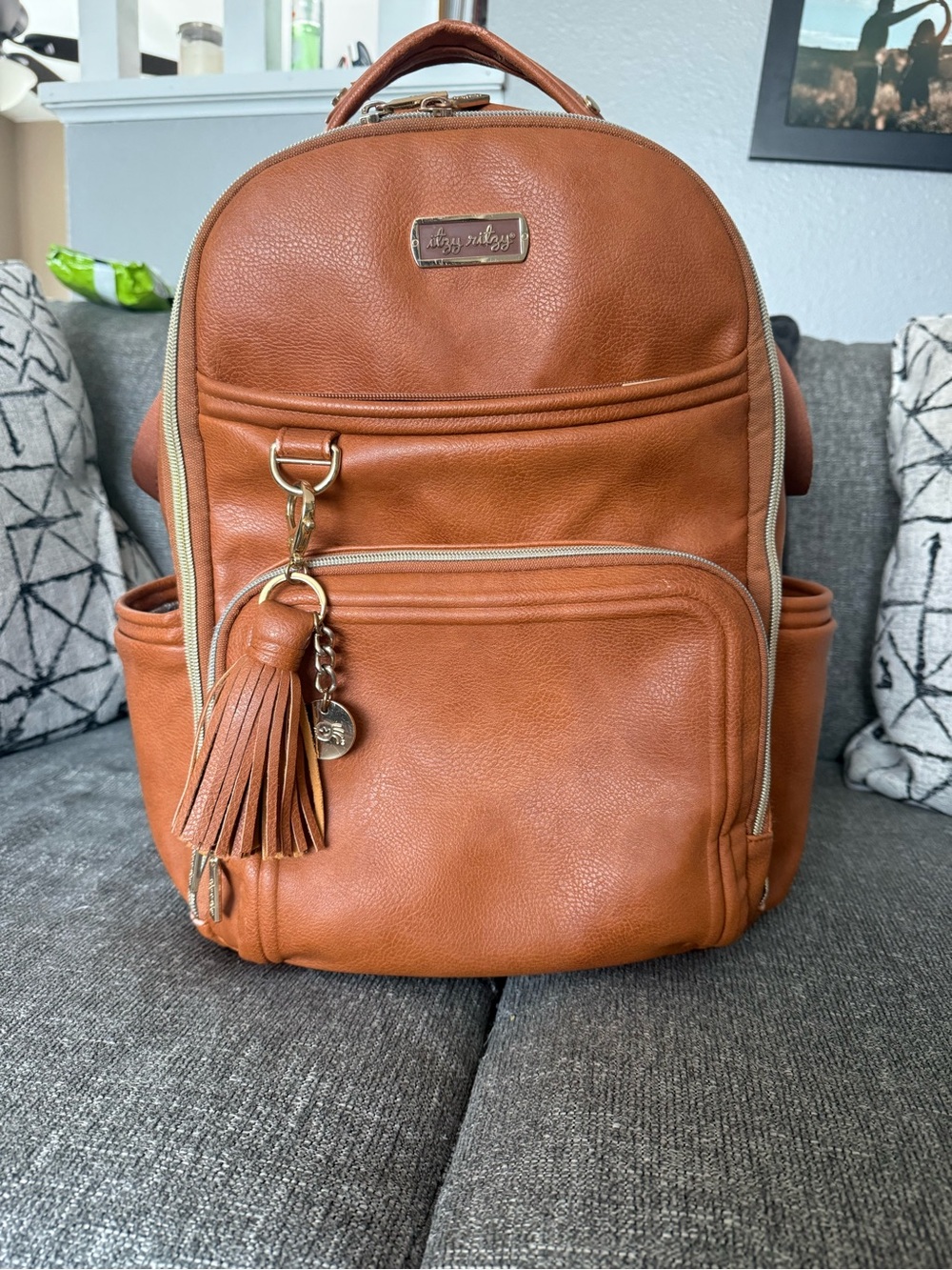 Itzy Ritzy Women’s Tan Faux Leather Backpack Diaper Bag